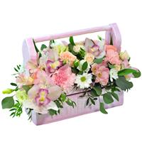 Prefabricated flower arrangement in a wooden box