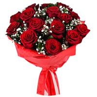 Букет з 15 червоних троянд і гіпсофіли