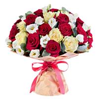 Wonderful bouquet of roses and eustomas