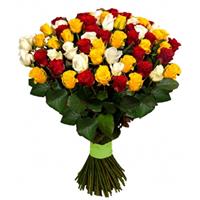 Чудовий букет з 65 червоної, жовтої і білої троянди