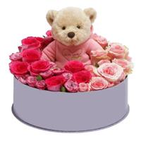 Box with roses and teddy bear