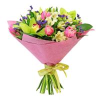 Bouquet of alstroemeria, tulips and orchids