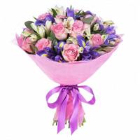 Pink roses with irises and alstromeria