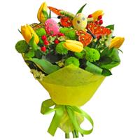 Easter bouquet of tulips and chrysanthemums