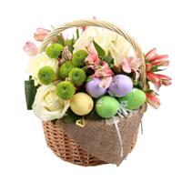 Basket with roses, chrysanthemums and alstromeria