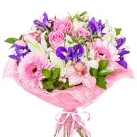 Bouquet of roses, irises and gerberas