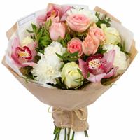 Delicate bouquet of orchids, spray roses and carnations