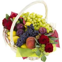 Basket with roses and fruits