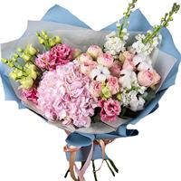 Gorgeous bouquet of hydrangeas, spray peony roses and delphinium