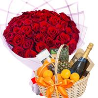 51 roses with a gift basket of sweets