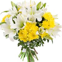 Contrasting bouquet of lilies and chrysanthemums