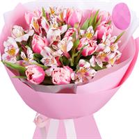 Delicate bouquet of tulips and alstroemerias
