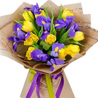 Bouquet of yellow tulips and irises