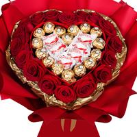 Heart-shaped bouquet of roses and chocolates