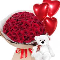 51 red roses with a bear and heart-shaped balloons