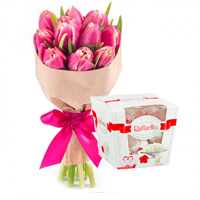 Spring bouquet of 11 tulips and sweets