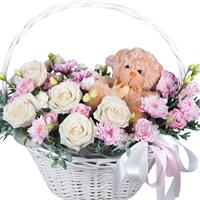 Basket with flowers and teddy bear