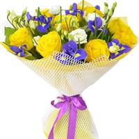 Bouquet of roses and blue irises