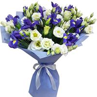 Bouquet of eustoma and blue irises 