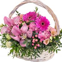 Delicate basket of gerbera and eustoma