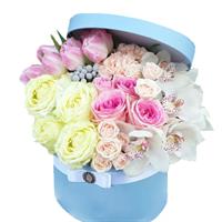 Box with roses, tulips, carnation and orchid