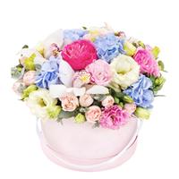 Box of eustoma, hydrangea, orchid and pion-shaped rose