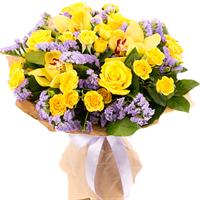 Букет з жовтих троянд і орхідей 