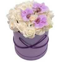 Delicate box with roses and orchids