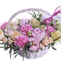 Basket of roses, carnations and peonies.