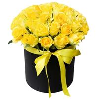 25 yellow roses in a box