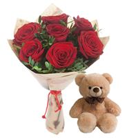 Bouquet of 7 red roses and Bear as a gift