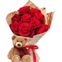 Букет з 9 червоних троянд і плюшевий ведмедик
