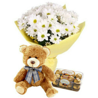 Bouquet of chrysanthemums, teddy bear and sweets Ferrero Roche