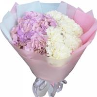 Lavender hydrangea and white carnations create a truly enchanting and fragrant bouquet