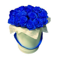 21 blue roses in a box