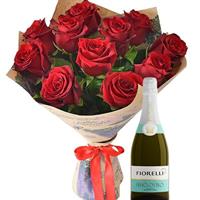 11 red roses and a bottle of champagne