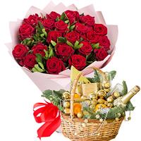 21 red roses and basket