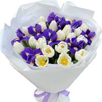 Vibrant bouquet of tulips and irises
